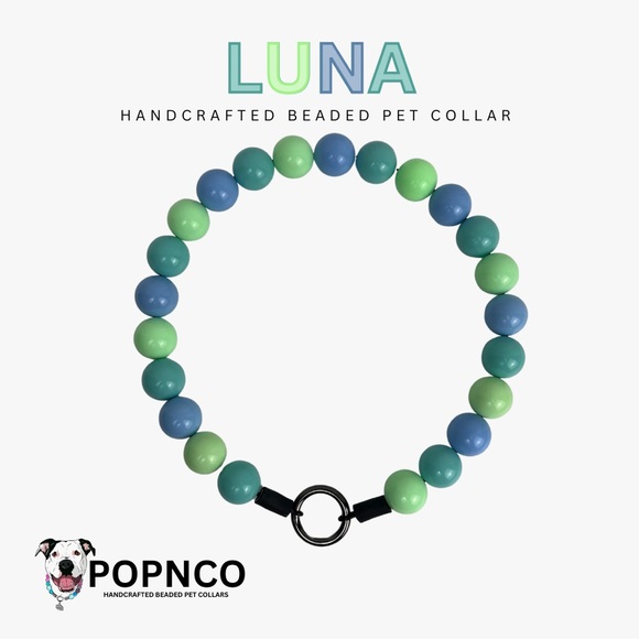 Handcrafted Beaded Dog Collar - Luna - Teal and Green Collar - Picture 2 of 16